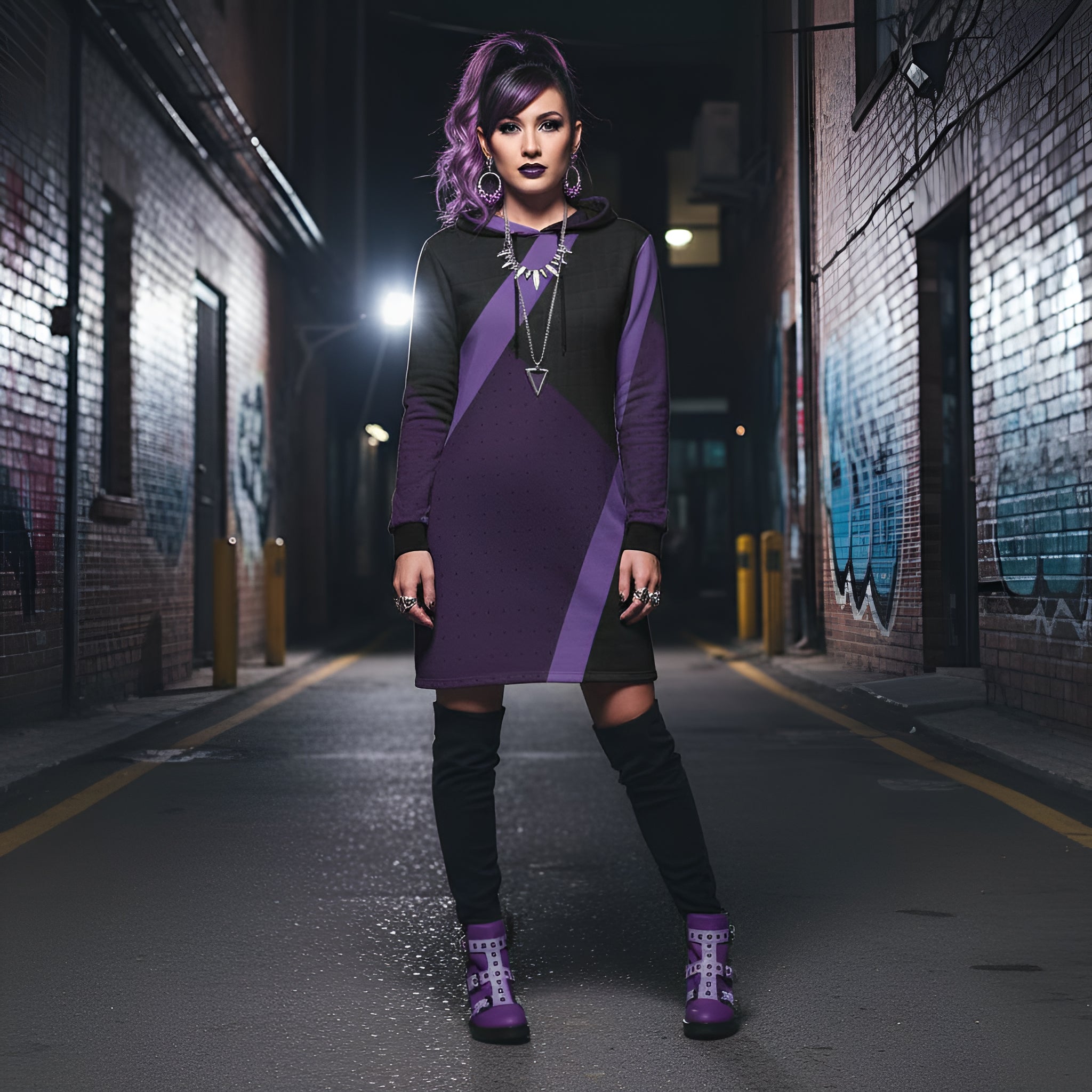 Oversized purple abstract hoodie dress with hood and deep front pockets