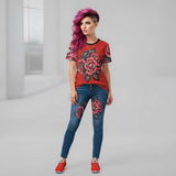 Red women's t-shirt with roses and diamonds all-over print in polyester mesh — additional view 6