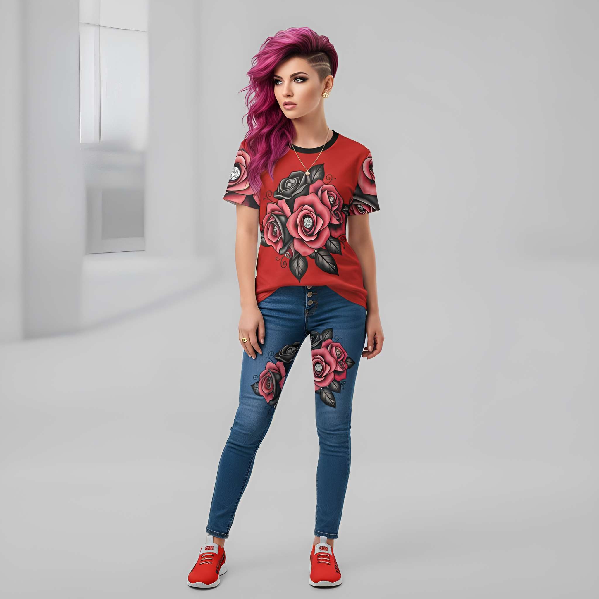 Red women's t-shirt with roses and diamonds all-over print in polyester mesh — additional view 6