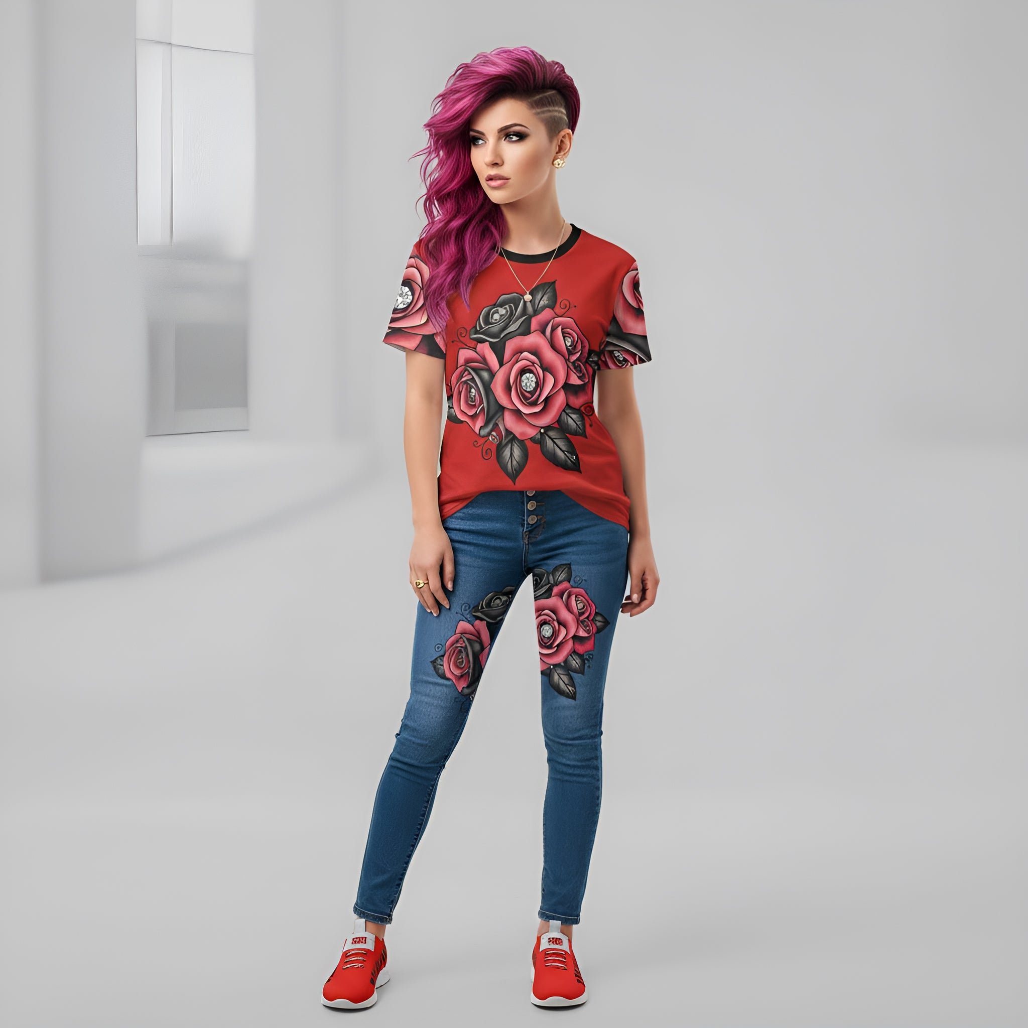 Rich and Rich Roses With Diamonds Women's Red Tshirt