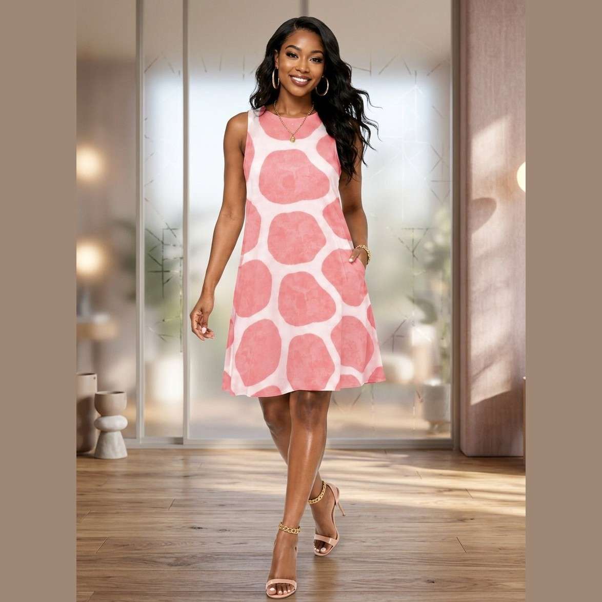 Sleeveless A-line dress with coral giraffe-inspired print and side pockets
