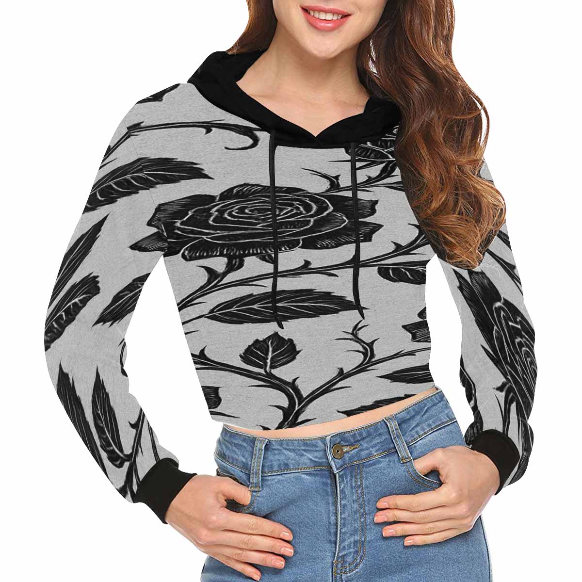 Rich and Rich Black Rose Women's Hoodie Cropped Top