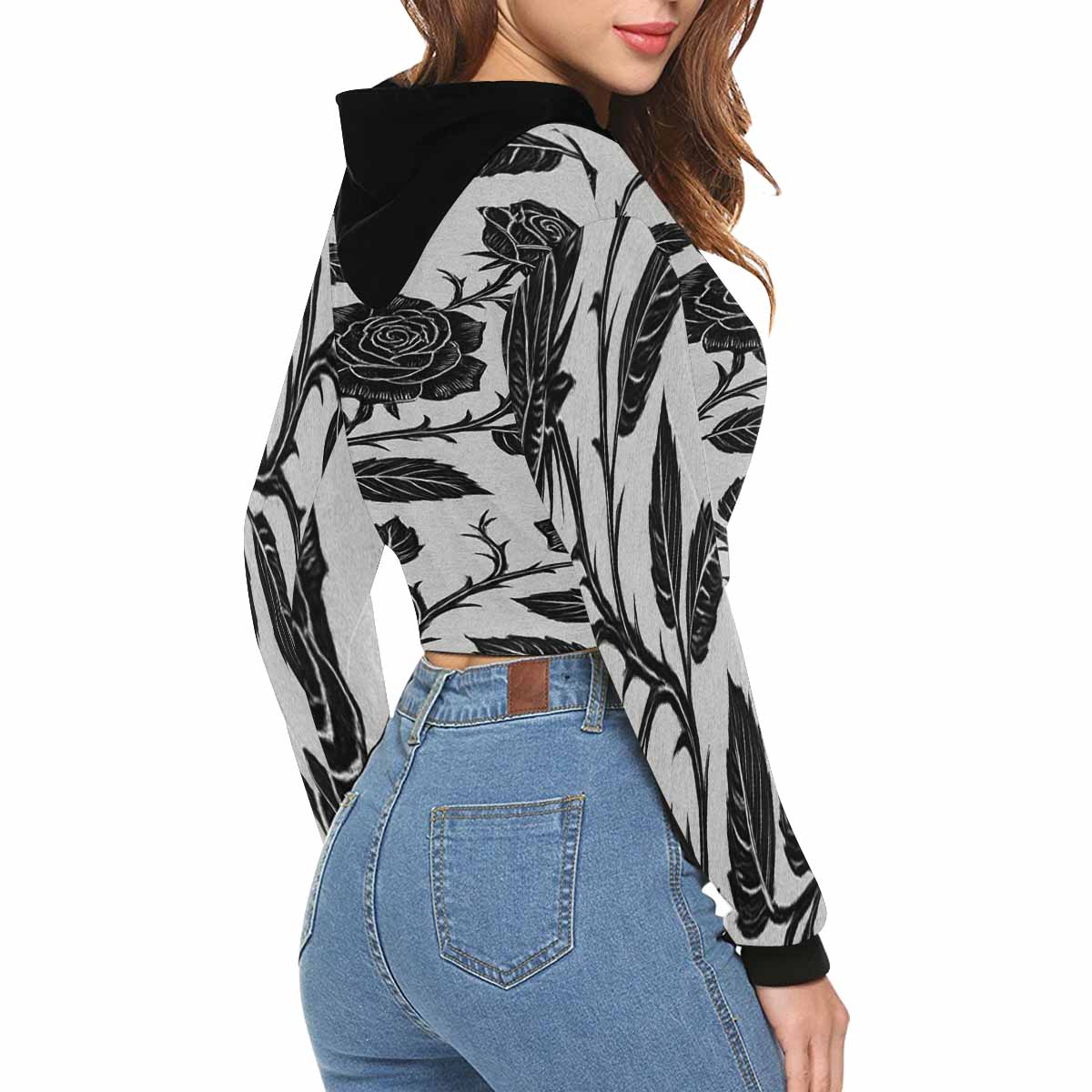 Rich and Rich Black Rose Women's Hoodie Cropped Top