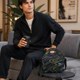 Black neoprene lunch bag with shoulder strap, top handle and cycling‑inspired design in large size — product detail