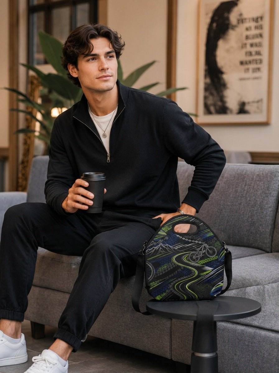 Black cycling lunch bag on side table next to coffee cup