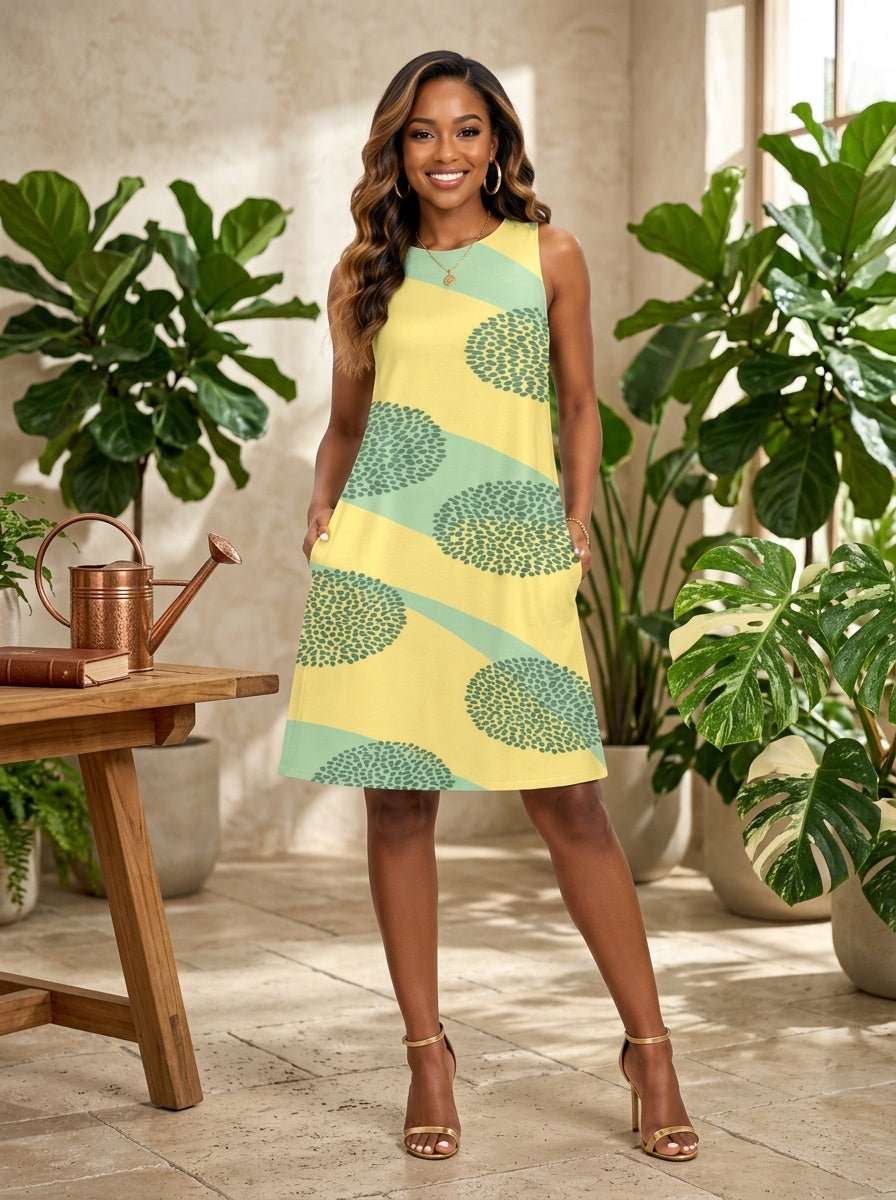 Sleeveless A-line dress with yellow and lime circular print and side pockets — product detail