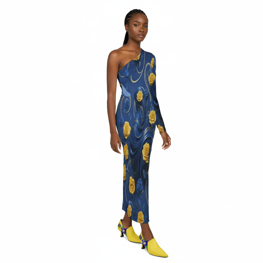 Rich and Rich Women's Yellow and Blue Roses One-Shoulder Maxi Dress with Side Slit