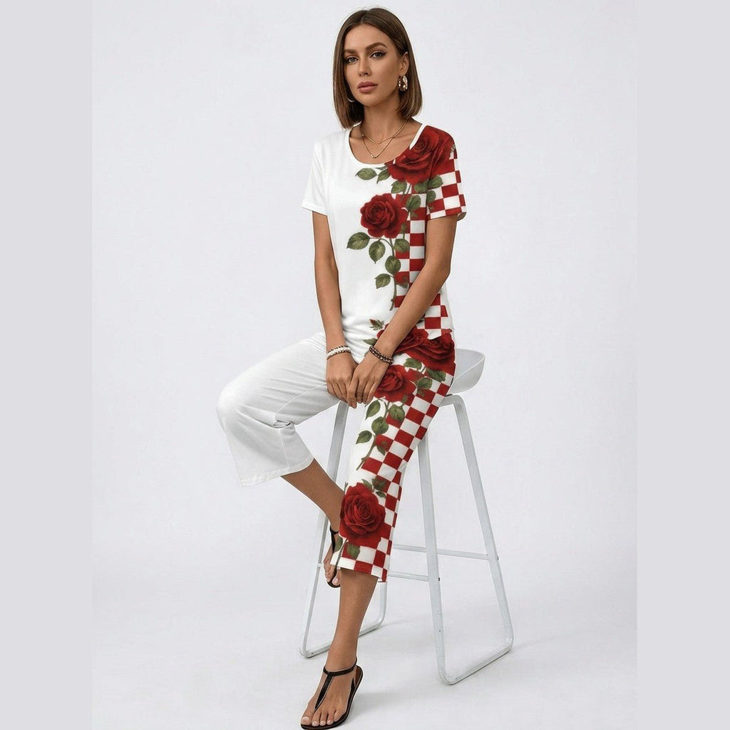 Rich & Rich Rose Checker Romance Short Sleeve Cropped Wide-Leg Set - Rich and Rich Homeopportunities