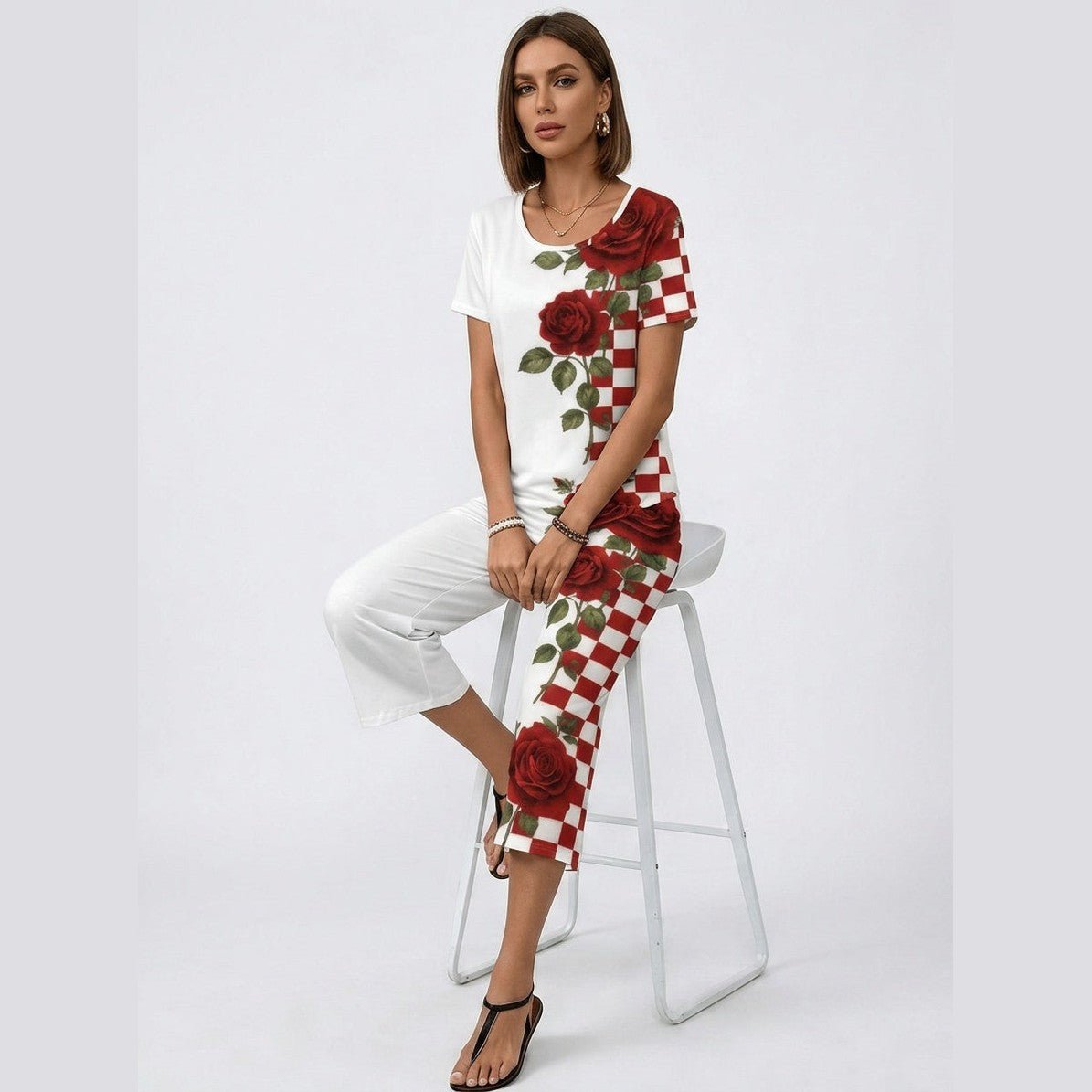 Rich & Rich Rose Checker Romance Short Sleeve Cropped Wide-Leg Set - Rich and Rich Homeopportunities