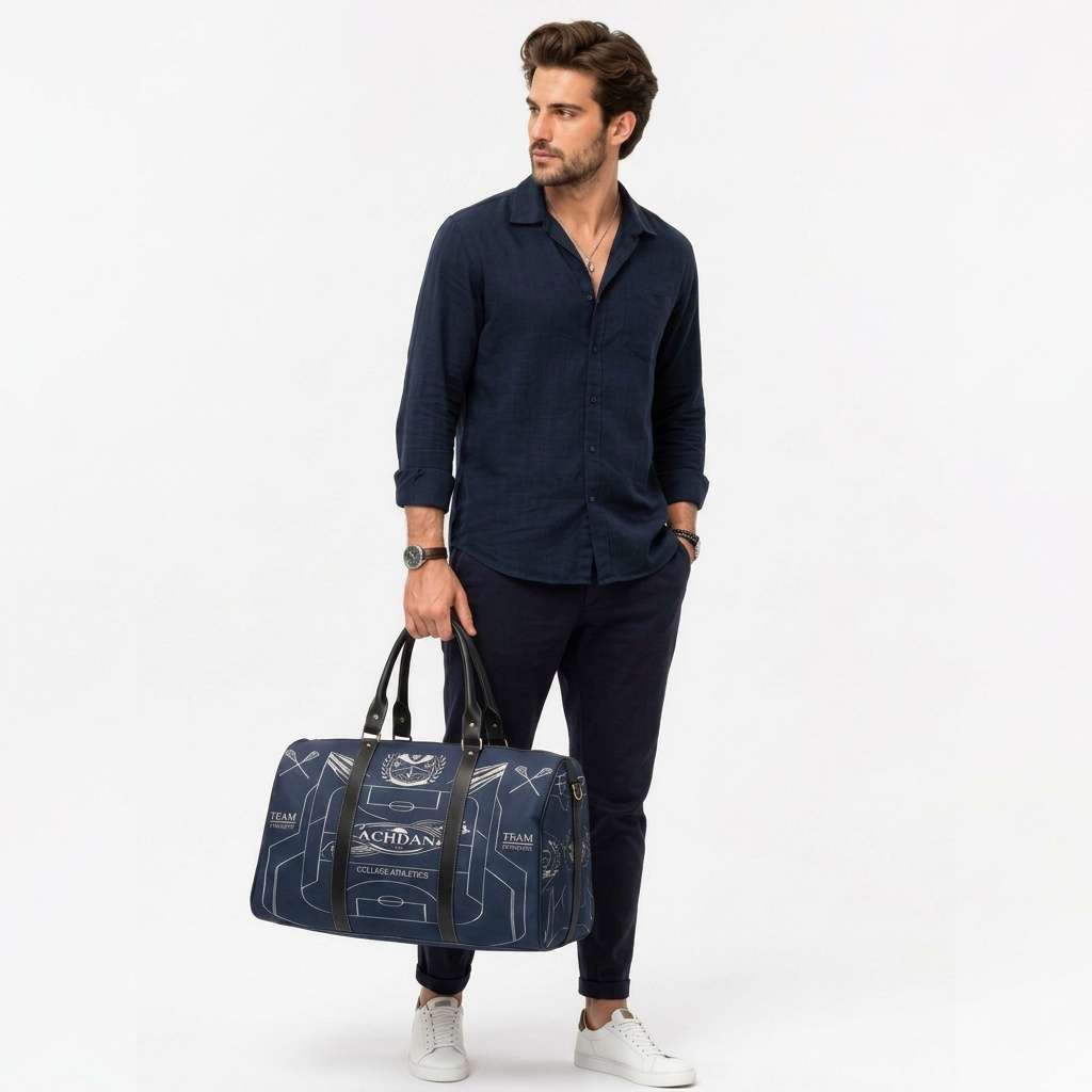 Blue weekender duffel with lacrosse-inspired artwork, PU leather handles, and adjustable shoulder strap