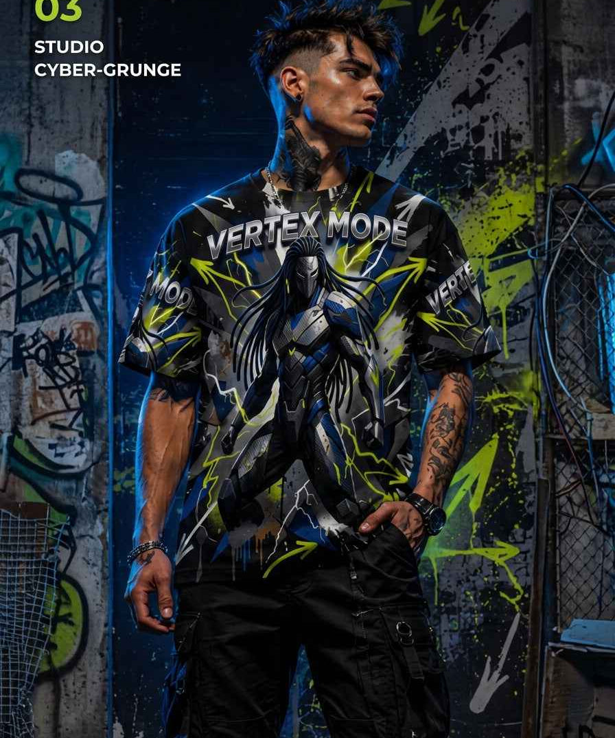 Black men's crew neck t-shirt with multicolor Vertex Mode geometric graphic