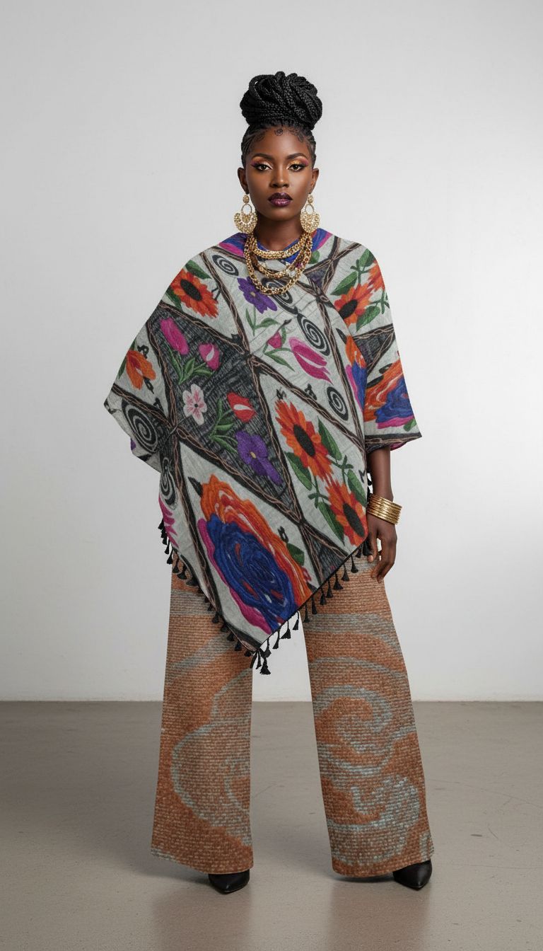 Orange patterned wide-leg women's pants with drawstring waist and two pockets — additional view 7