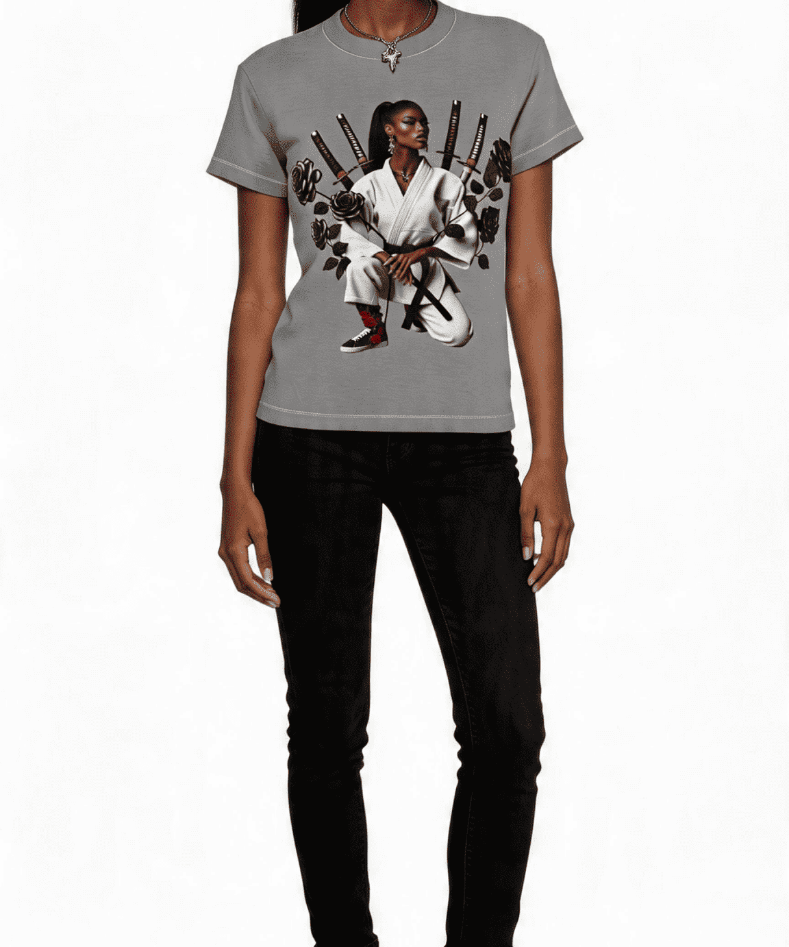 Grey women's T-shirt with samurai-inspired graphic print and regular tagless fit