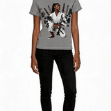 Grey women's T-shirt with samurai-inspired graphic print and regular tagless fit