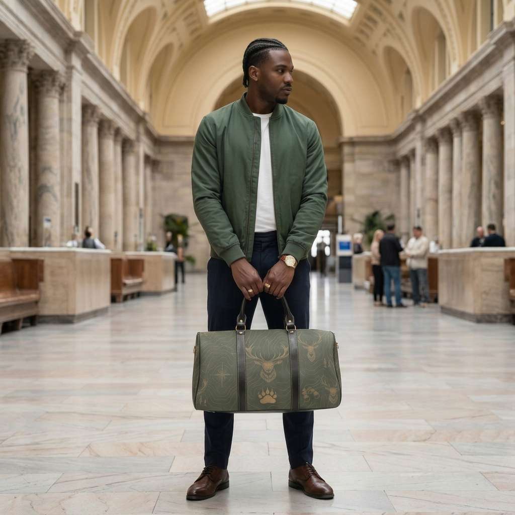 Green waterproof duffel bag with hunting-themed print, PU leather handles, and adjustable shoulder strap