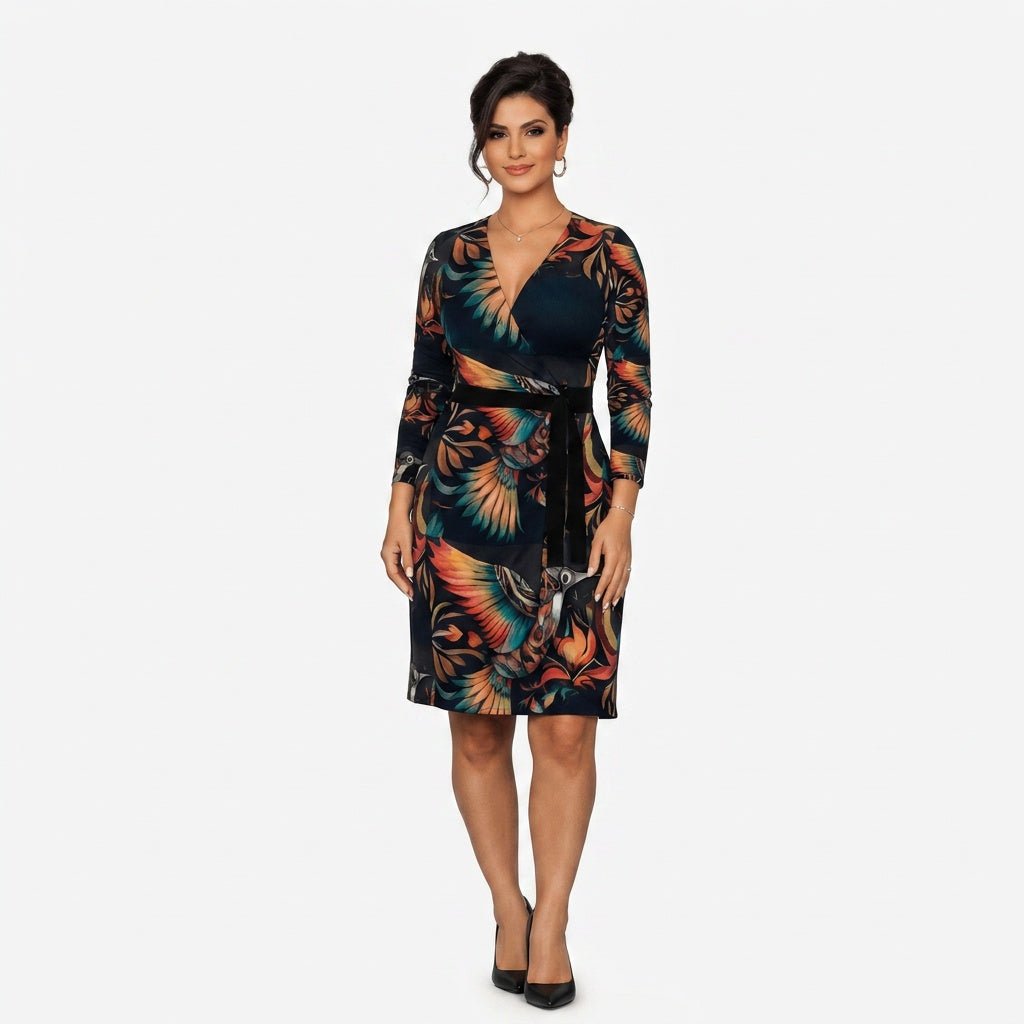 Rich and Rich Birdsong Multicolor Women's Black Wrap Dress - Rich and Rich Homeopportunities
