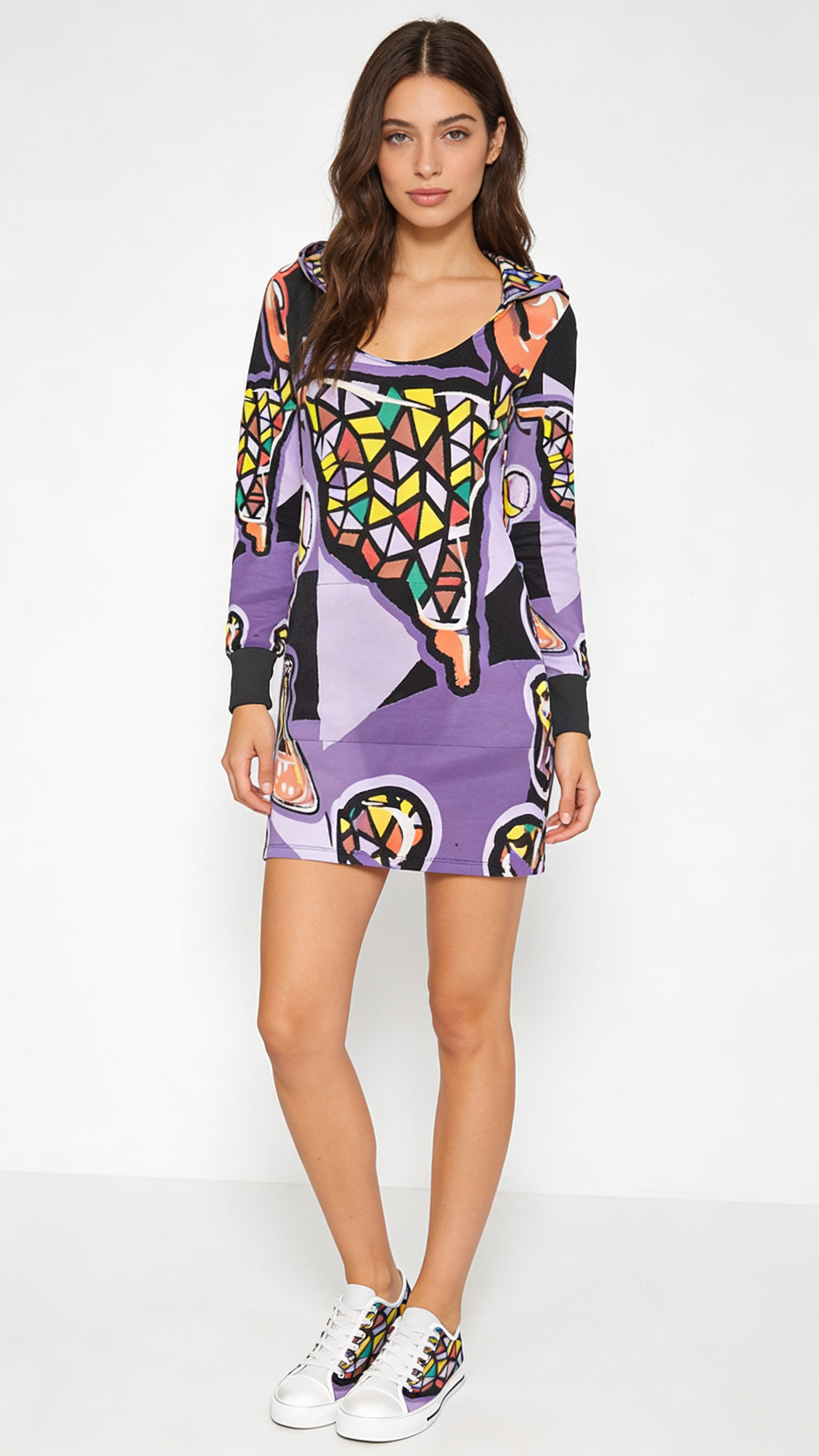 Rich and Rich Purple Abstract Women's Hoodie Dress with kangaroo pocket and hood