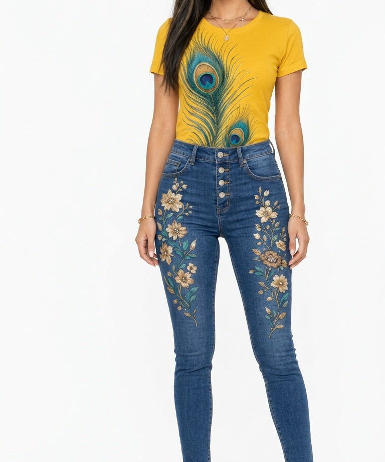 Sunflower yellow tee with peacock feather print paired with embroidered denim jeans
