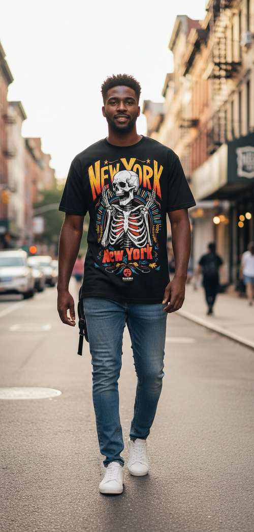 Unisex New York Skeleton Graphic Tee with vibrant skeleton artwork, Halloween and gothic fashion theme