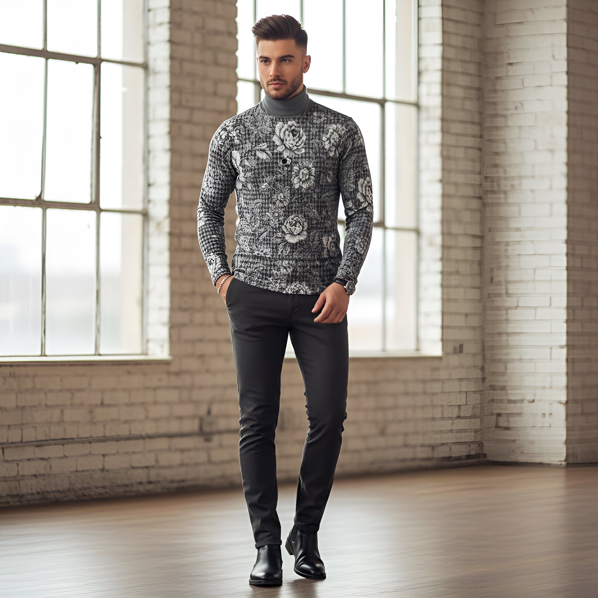 Gray floral slim-fit men's roll-neck turtleneck in poly-elastane jersey — alternate view
