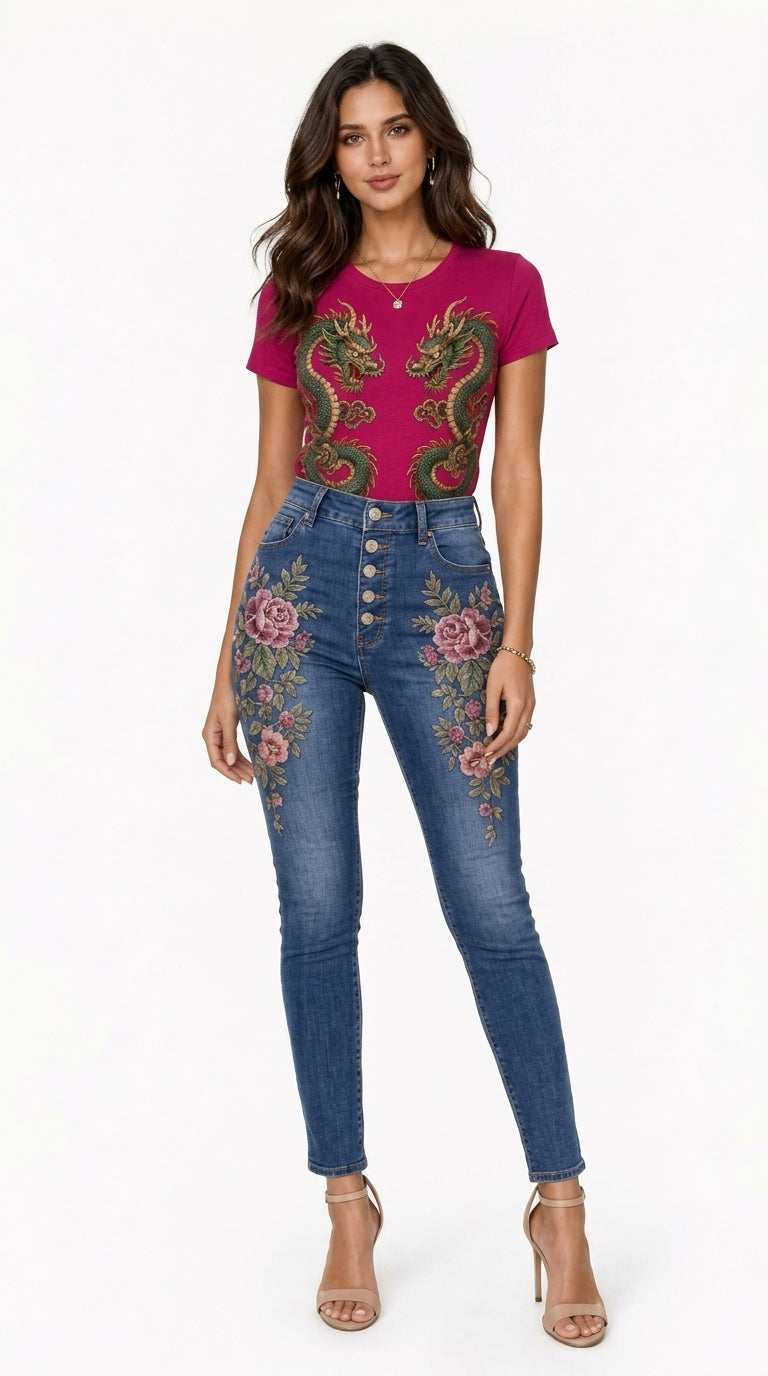 Dragon Embroidery Graphic Denim & Tee Set