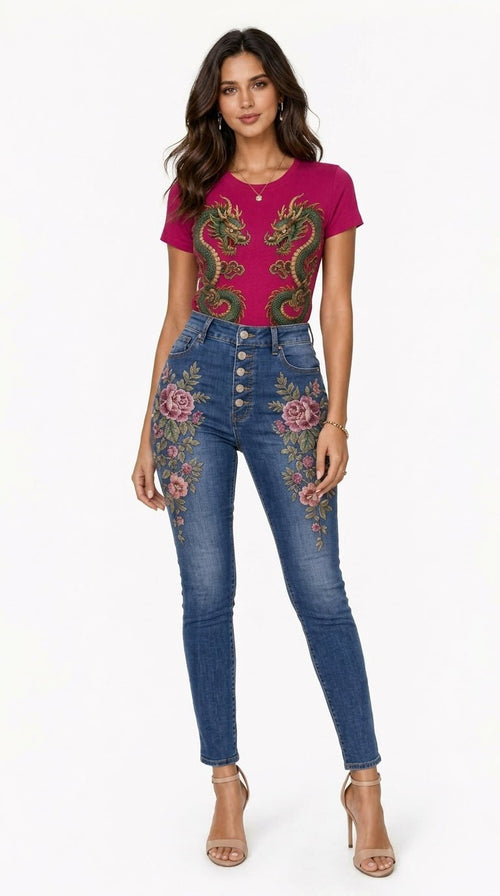 Dragon Embroidery Graphic Denim & Tee Set - Rich and Rich Homeopportunities