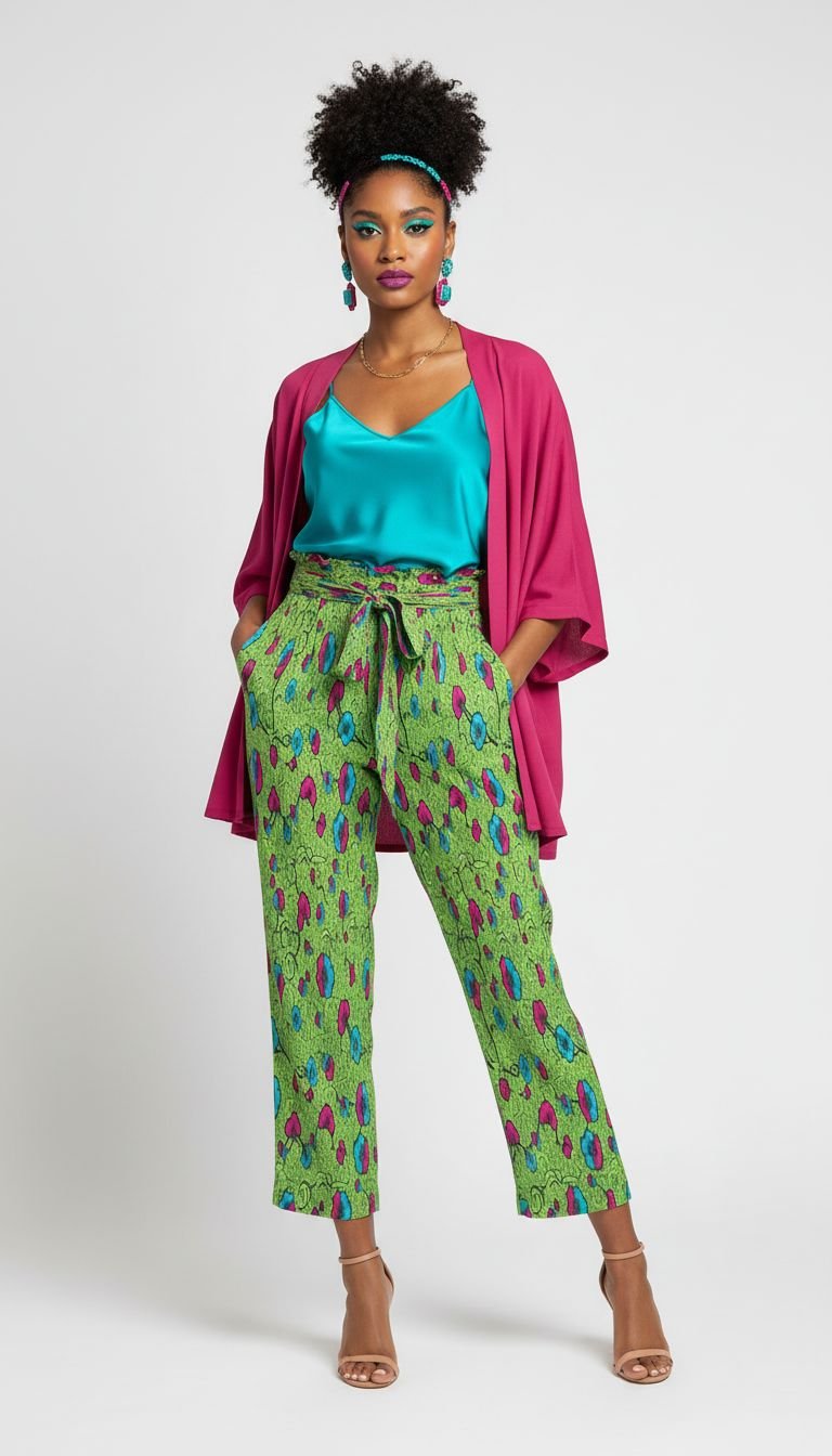 Green floral wide-leg women's pants with elastic waistband, tied belt, and side pockets