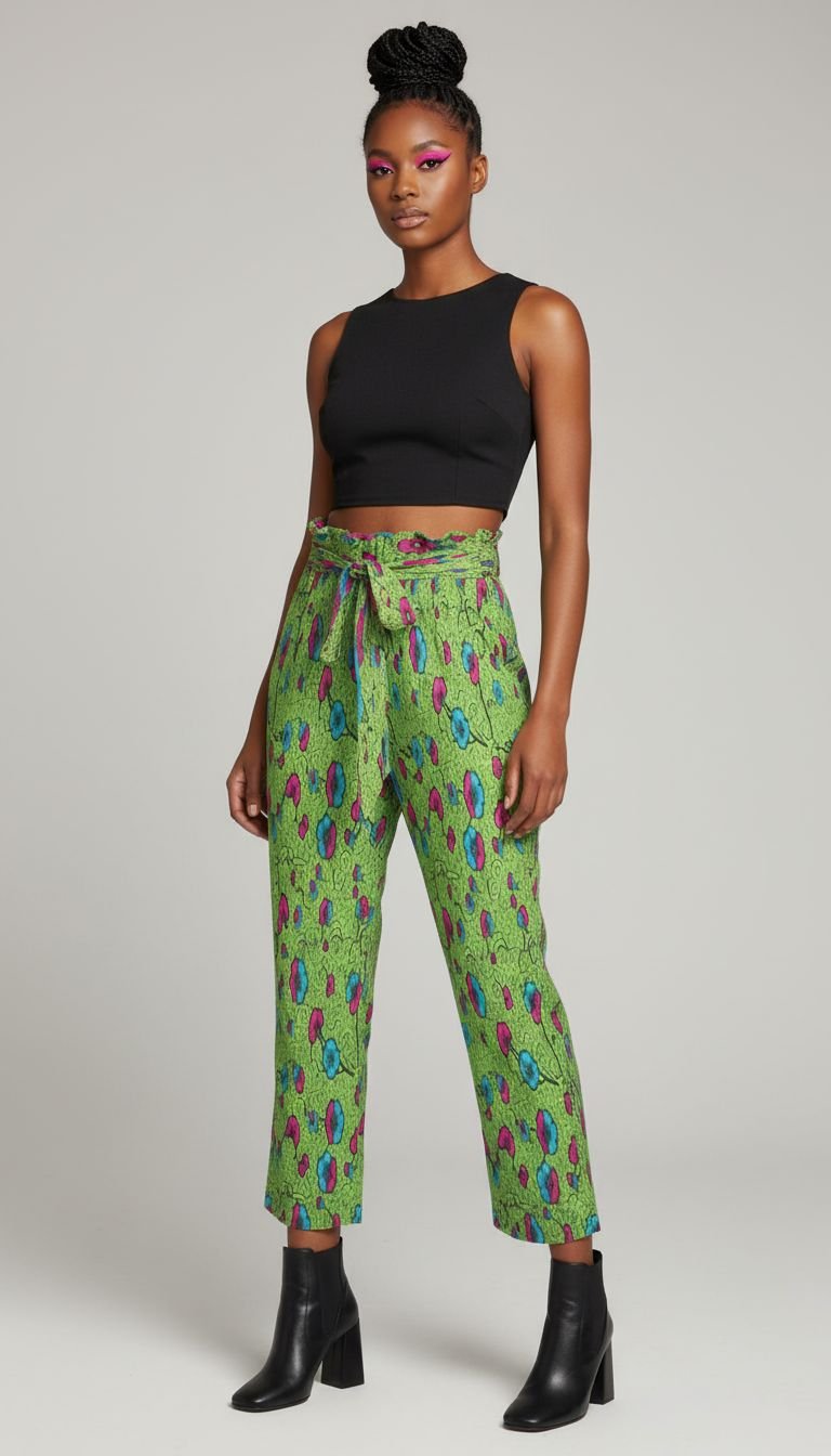 Green floral wide-leg women's pants with elastic waistband, tied belt, and side pockets — additional view 7