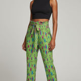 Green floral wide-leg women's pants with elastic waistband, tied belt, and side pockets — additional view 7
