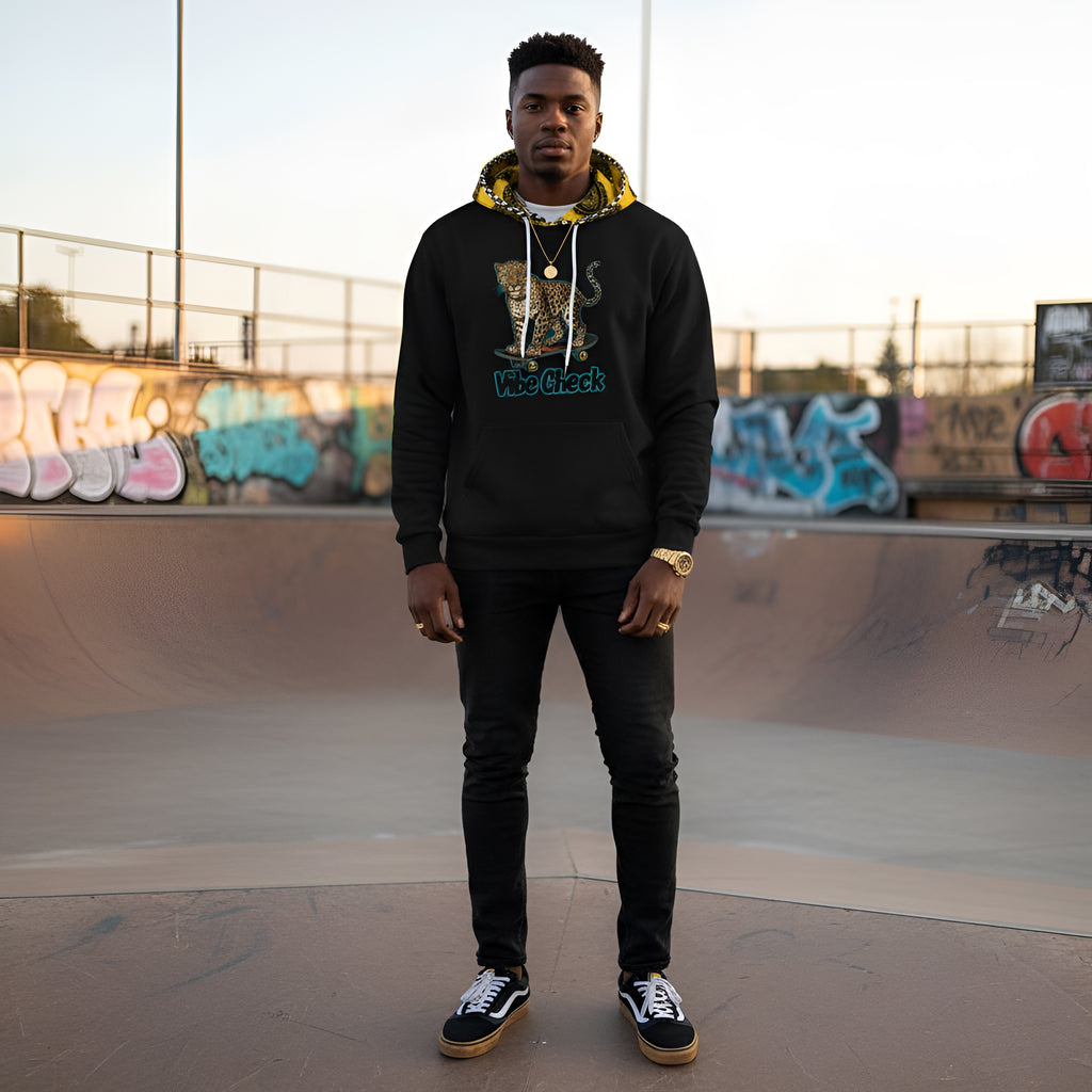 Unisex Vibe Check Hoodie with leopard skateboarding graphic design