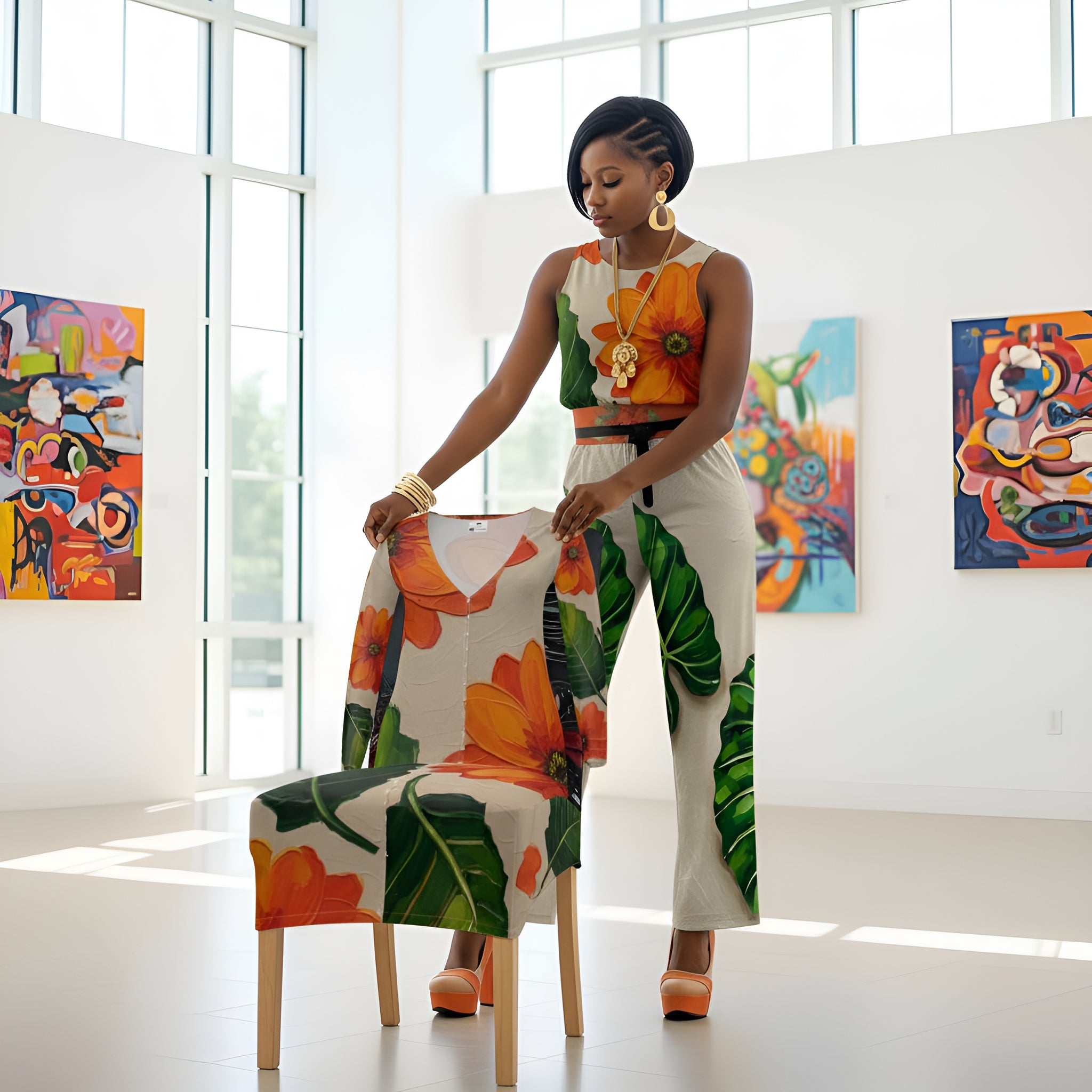 Rich and Rich Orange Floral Chiffon Pants Set featuring sleeveless top and wide-leg pants