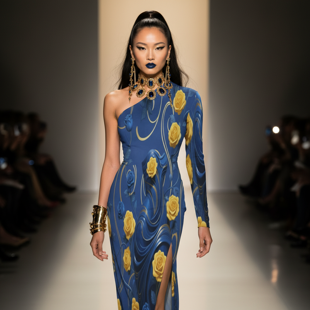 Rich and Rich Women's Yellow and Blue Roses One-Shoulder Maxi Dress with Side Slit