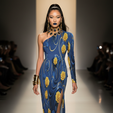 Load image into Gallery viewer, Rich and Rich Yellow and Blue Roses Half sleeve split dress One-Shoulder Slit Maxi Women&#39;s Dress
