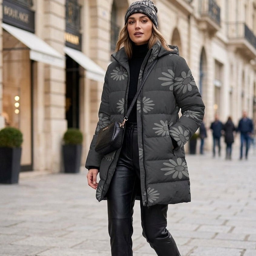 Rich and Rich Women's Matte Black and Floral Hooded Puffer Coat | Luxury Winter Jacket with Detachable Hood - Rich and Rich Homeopportunities