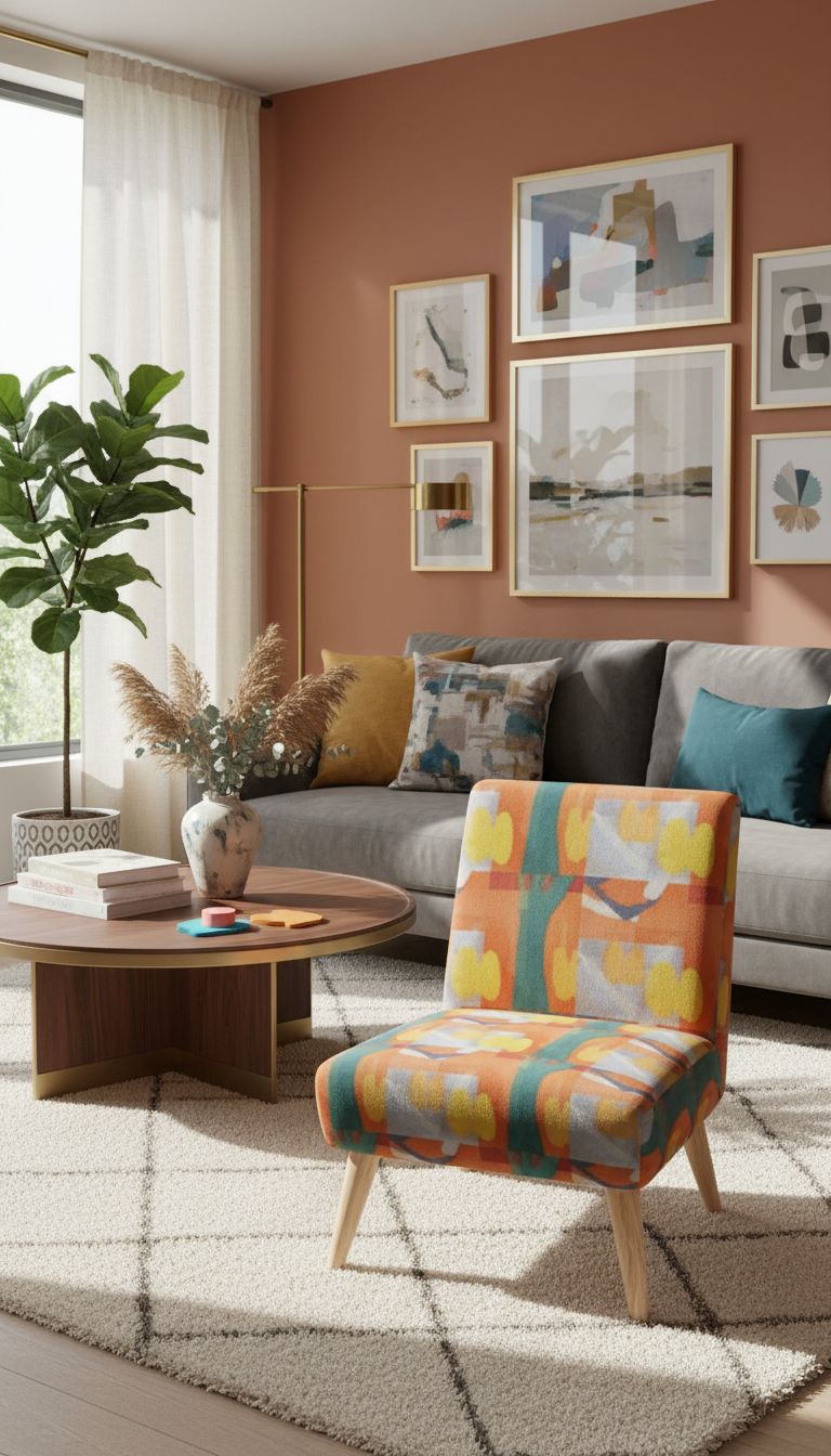 Rich and Rich Orange Abstract Designer Occasional Chair with tapered legs and velour upholstery