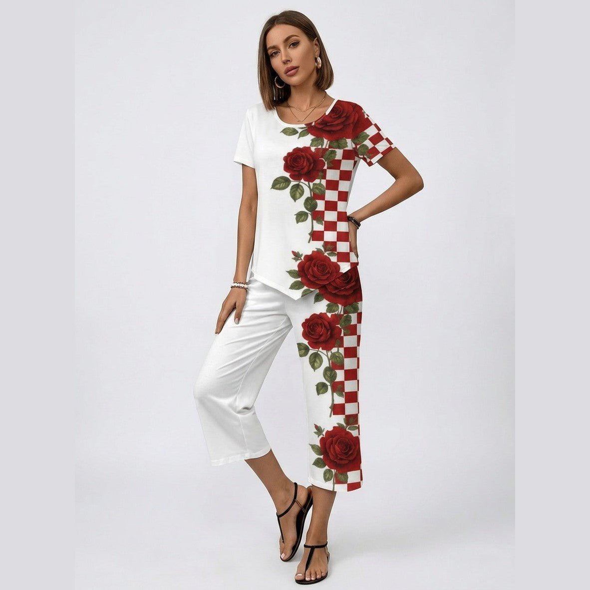 Rich & Rich Rose Checker Romance Short Sleeve Cropped Wide-Leg Set - Rich and Rich Homeopportunities