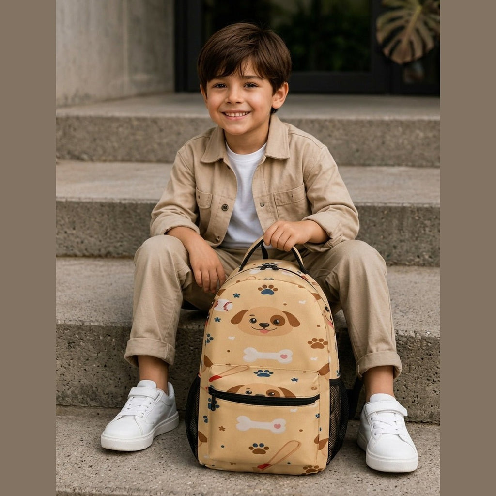 Boy modeling beige dog and baseball themed school backpack set