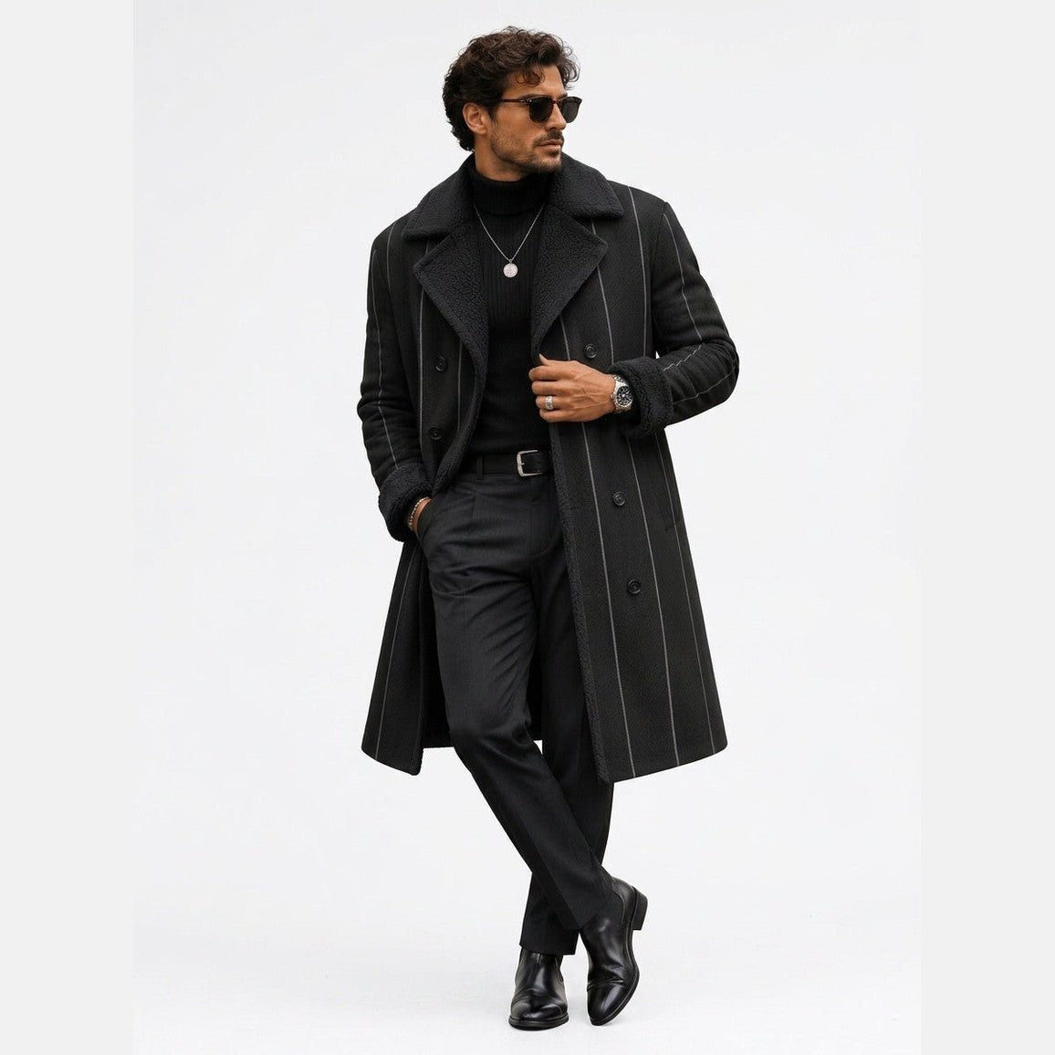 Men wearing black pinstriped double-breasted coat with shearling collar