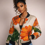 Reversible silk bomber jacket with orange floral print and ribbed collar — additional view 10