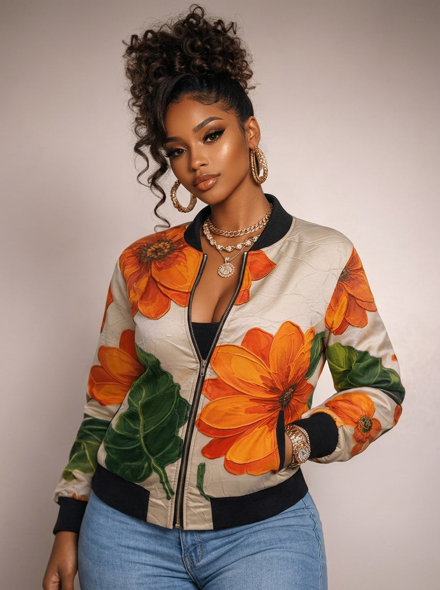 A Rich and Rich Women's Reversible Orange Floral Silk Bomber Jacket