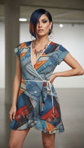 Rich and Rich Blue Patchwork Look Designer Tea Dress on mannequin