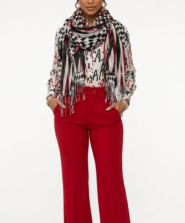 Harlequin pattern tassel scarf in imitation cashmere with fine hem and fringe — alternate view