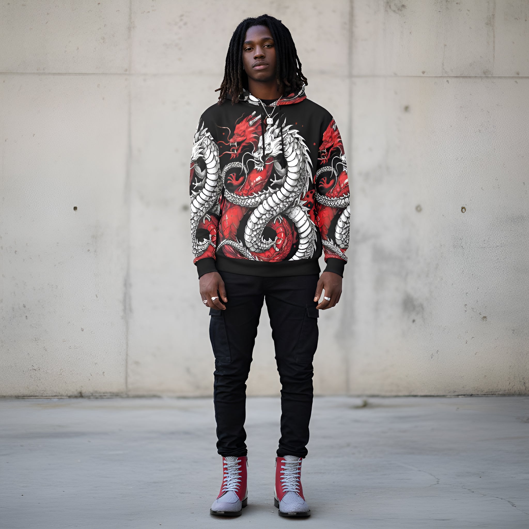Rich and Rich Black and Red Snake Men's Hoodie featuring bold snake graphic design