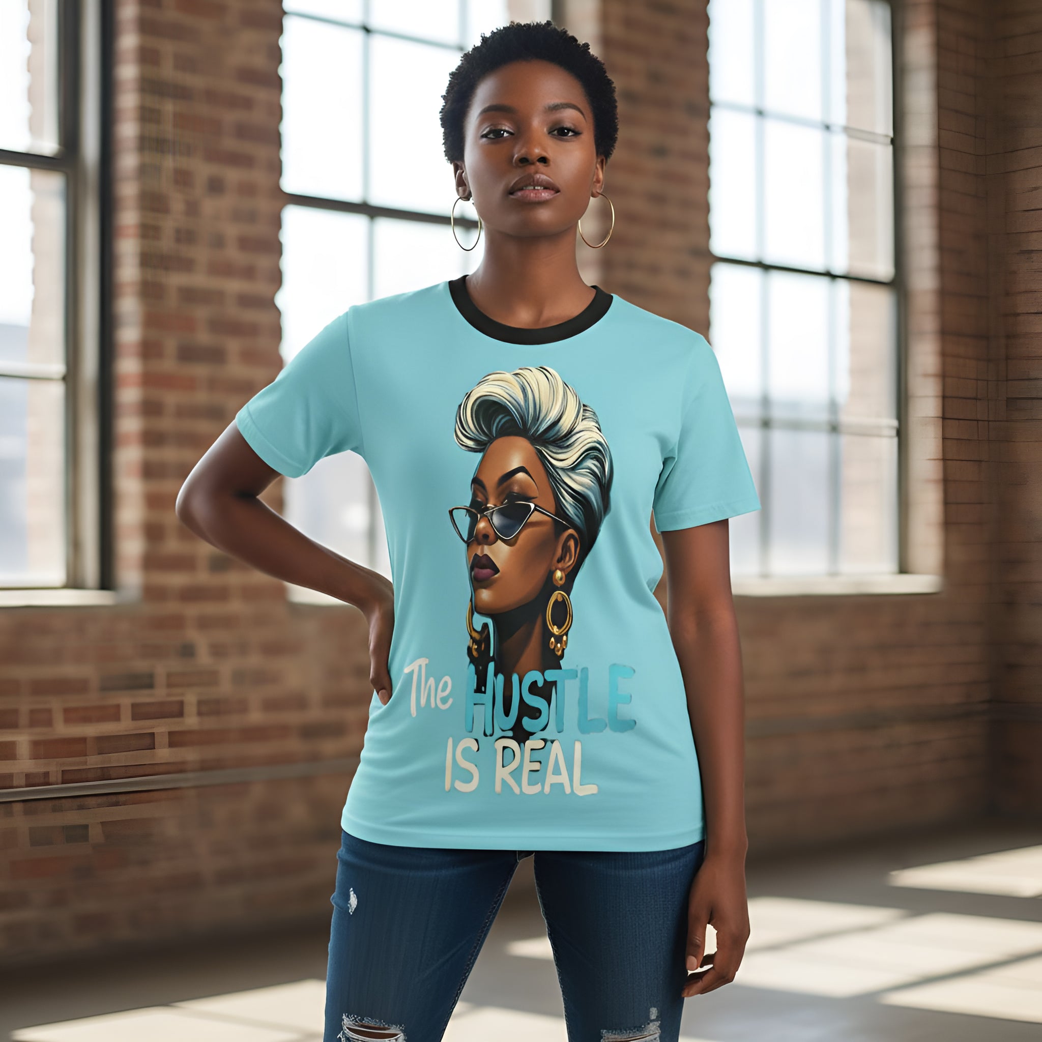 Light blue women's T-shirt with 'The Hustle Is Real' all-over print and relaxed fit — side view