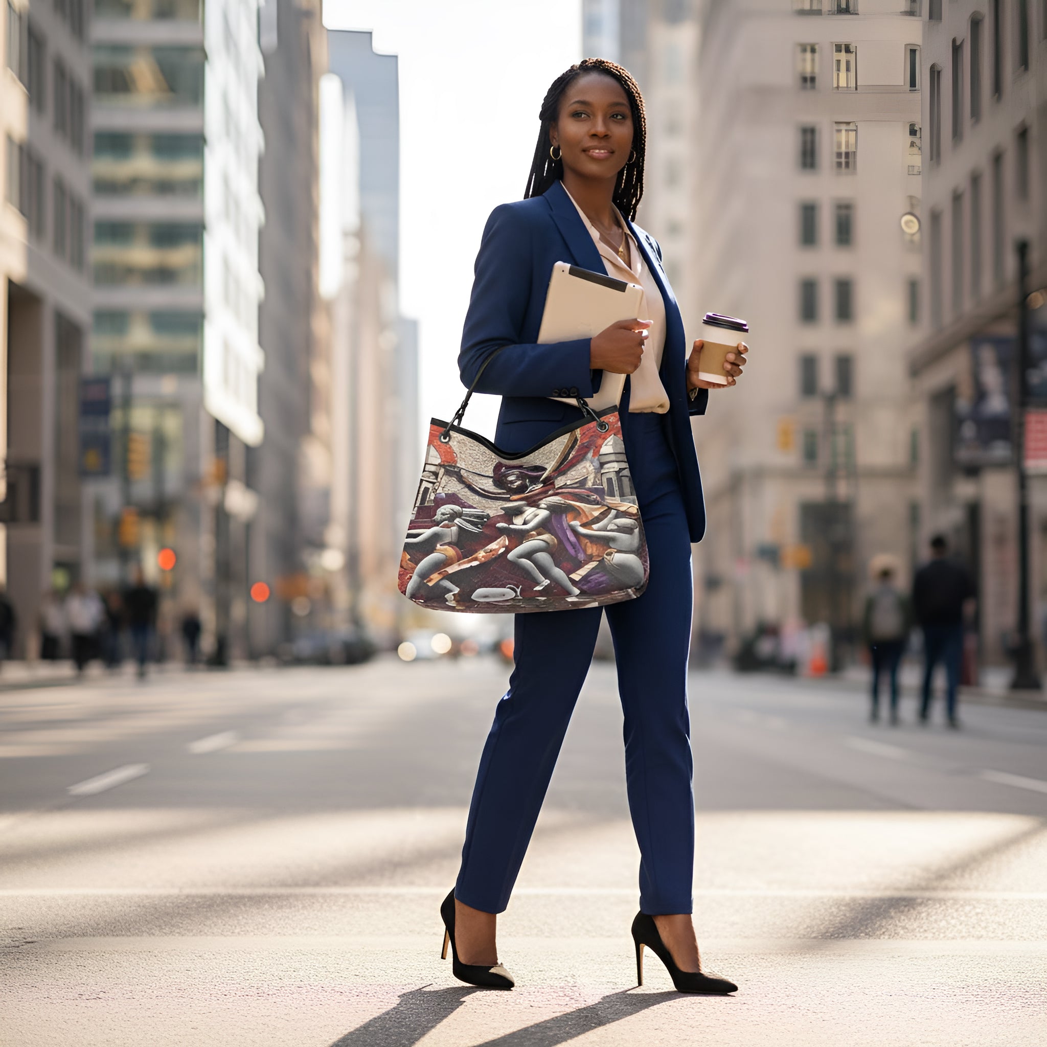 Earthtone Nappa leather slouch bag with Greek mythology print and black leather accents — rear view
