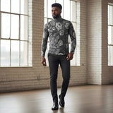 Gray floral slim-fit men's roll-neck turtleneck in poly-elastane jersey