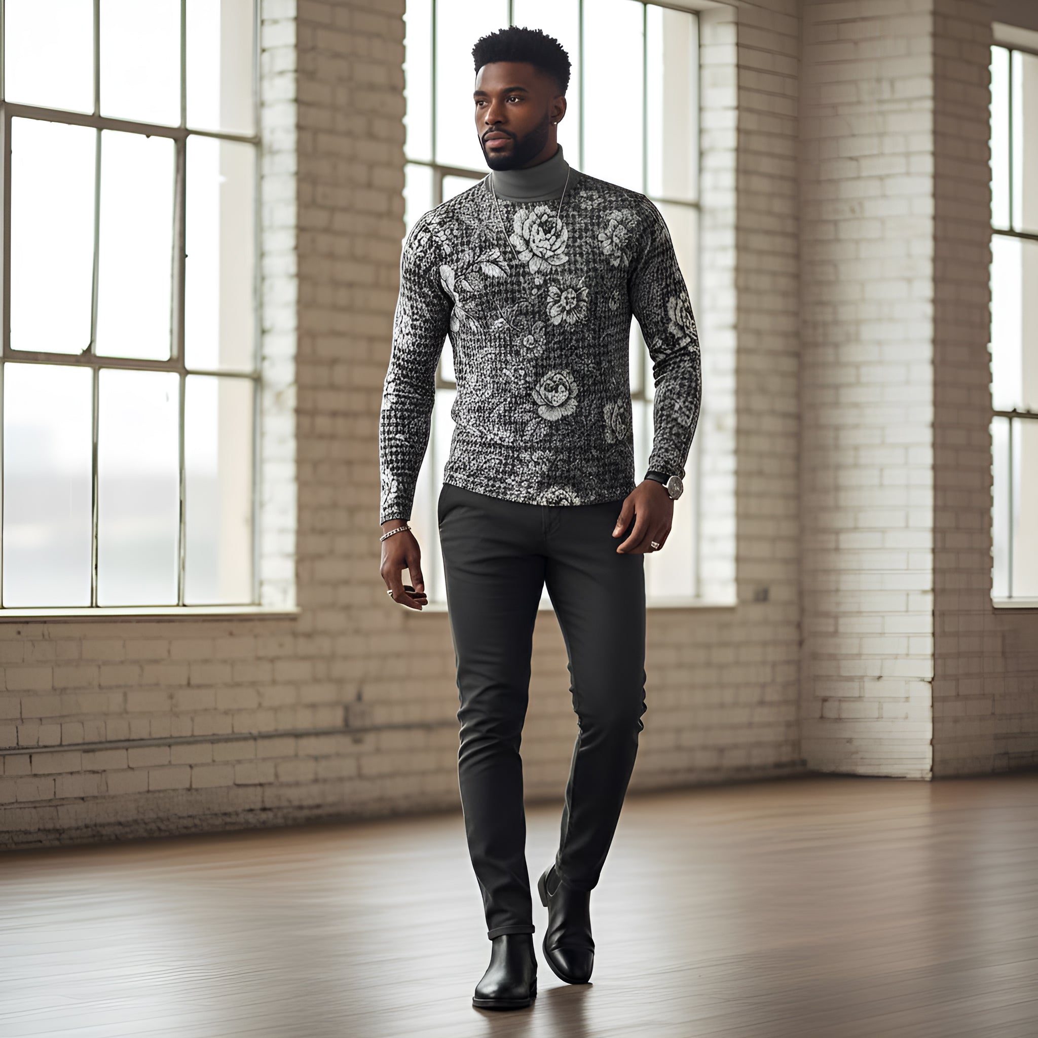 Rich and Rich Men's Gray Floral Turtleneck