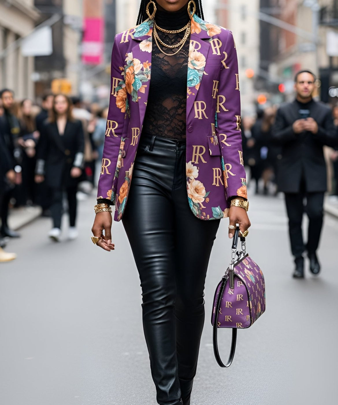 Purple women's casual suit blazer with flat lapel and two front pockets