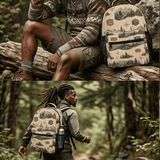 Beige 17-inch backpack with front pocket, mesh side pockets, padded straps, and orange buckle detail — rear view