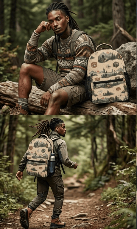 Beige 17-inch backpack with front pocket, mesh side pockets, padded straps, and orange buckle detail — rear view